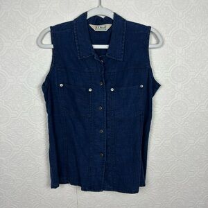 Vintage 100% Linen LL Bean 90s Denim Vest Sleeveless Jean Top Button Up Blue